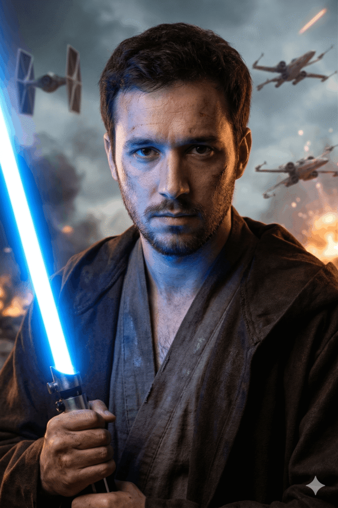 Işın Kılıcı Gölgesinde: Star Wars Evreninde Sizin Portreniz AI promptu