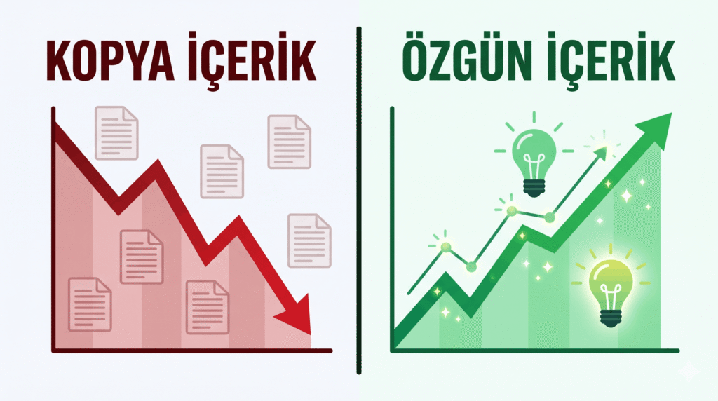 Ölçeklendirilmiş yapay zeka spam içerikleri ve organik büyüme grafiği karşılaştırması
